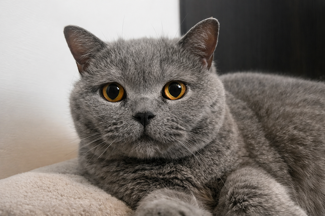 Blueish british shorthair looking beautifully in the camera